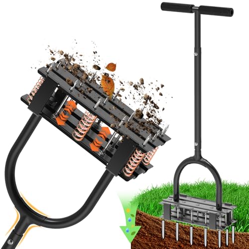 Aerator Lawn Tool - 2-in-1 Reinforced Heavy Duty Manual Lawn Aerator with 15 Spikes, Automatic Dirt and Leaf Clean Design, Adjustable T-Handle (Gloss Black) - color: Gloss Black
