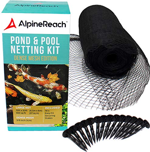 AlpineReach Koi Pond Netting Kit 15 x 20 ft Black Heavy Duty Woven Fine Mesh Net Cover for Leaves - Protects Koi Fish from Blue Heron Birds, Cats & Predators – Reusable & Stakes Included - color: Black, size: 15x20ft (Stakes Included)