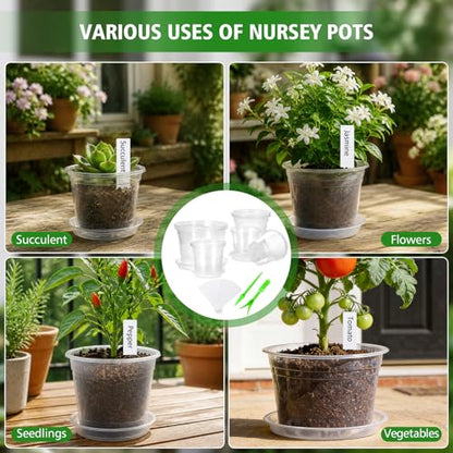 5/6/7/10 Inch Clear Nursery Pots with Drainage Holes and Saucers, 12 Pack Large Plastic Plant Pots for Seedlings, Succulents, Herbs, Flowers & Vegetables, Repotting and Growing