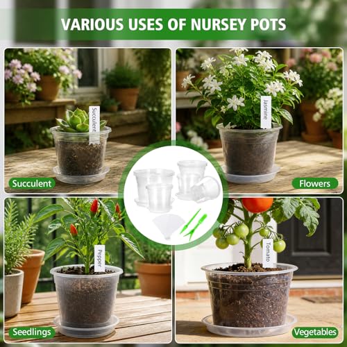 5/6/7/10 Inch Clear Nursery Pots with Drainage Holes and Saucers, 12 Pack Large Plastic Plant Pots for Seedlings, Succulents, Herbs, Flowers & Vegetables, Repotting and Growing
