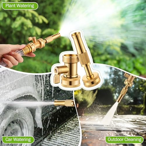 Heavy Duty Brass Hose Nozzle Kit with Shut Off Valve, 4" Adjustable Twist Garden Hose Nozzle, High Pressure Jet Sprayer, 3/4" GHT Connector, Includes 10 Rubber Washers(Adjustable,4 in)