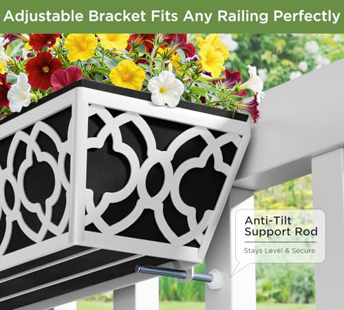 Y&M 4Pack 30'' Metal Railing Planter Box Set with Black Non-Woven Fabric Liner, Large Flower Boxes with Adjustable Brackets, Window Boxes Outdoor Hanging Planter for Fence, Deck, Balcony, and Garden - size: Flower 30in 4P-Gray
