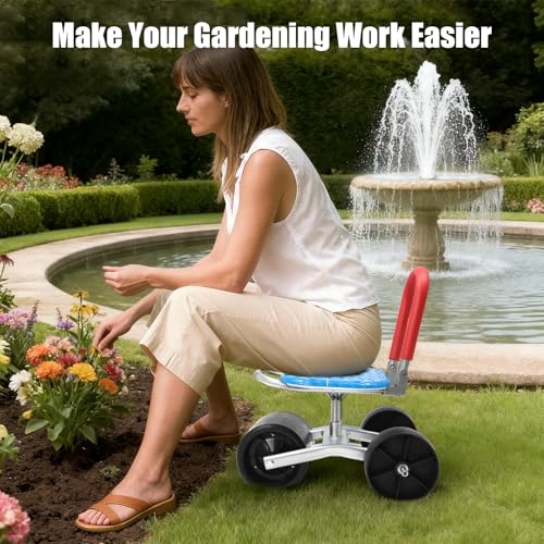 Gardening Stool – Rolling Garden Cart with Wheels – 360° Rotating Adjustable Seat, Heavy-Duty Garden Stool with 330 lbs Capacity, Ergonomic Gardening Seat for Planting, Weeding & Outdoor Yard Work