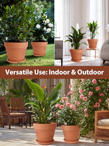INGOFIN Terracotta Pot with Saucer 10&12 Inch - Ceramic Clay Pot for Plants with Drainage Hole, Large Terra Cotta Flower Planter with Tray for Indoor Outdoor Plants - size: 10/12 inch -2 pcs