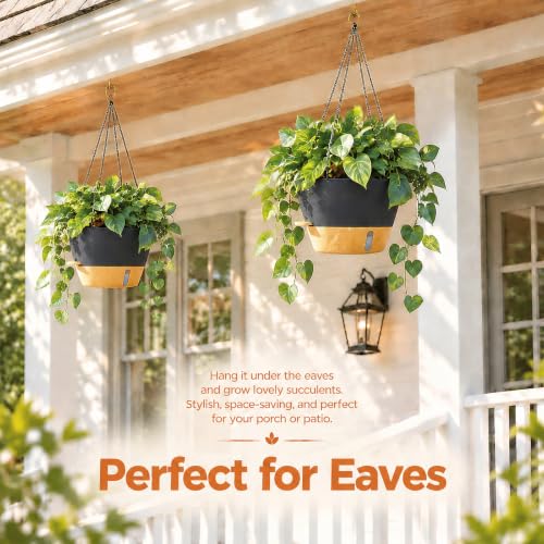ZMTECH Large 12Inch Self Watering Hanging Planter, Water Window & Chain - color: Dark Gray