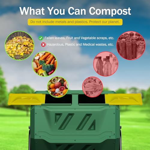 43 Gallon Outdoor Dual Chamber Tumbling Composter - BPA Free, Rotating Compost Bin with Sliding Doors & Steel Frame for Garden/Yard - color: Green