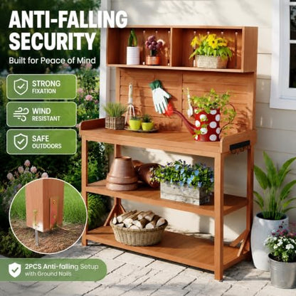 Garden Potting Bench, 65 Inch Wooden Patio Workstation with Storage (Natural) - color: Natural