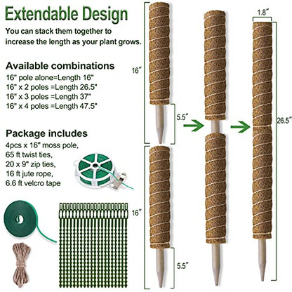 Fabulas Moss Pole Monstera Plant Support, Extended to 48 Inch, 4 Pack 16 in - size: totem pole 16"x4pcs