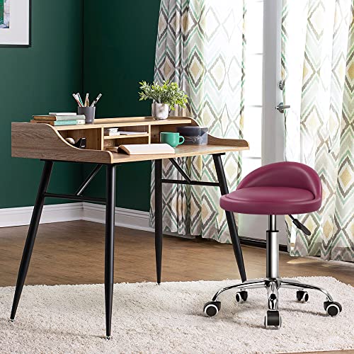 KKTONER PU Leather Round Rolling Stool with Back Rest Height Adjustable Swivel Drafting Work SPA Medical Task Chair with Wheels (Rose red) - color: Rose Red