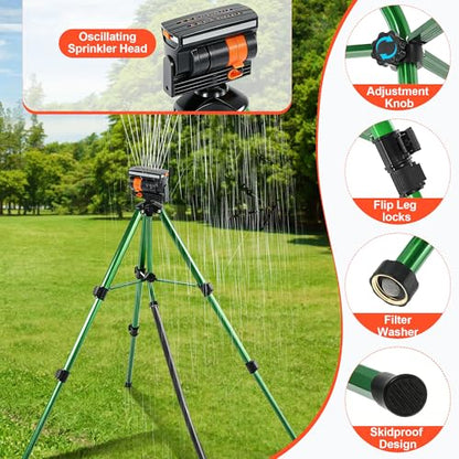 Oscillating Sprinkler Head on Telescoping Tripod Base with 2 Sprinkler Extensions, Heavy Duty Lawn Sprinklers, 360° Large Area Irrigation, Solid Metal Extension Legs & Skidproof Design - style: Oscillating Sprinkler Head