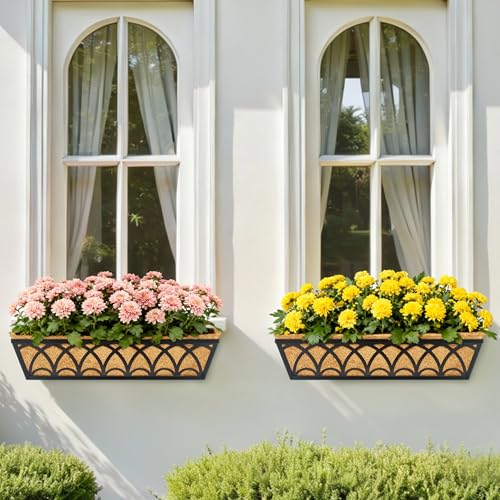24 Inch Railing Planter Box Window Boxes Planters - 2 Pack Deck Railing Planter Boxes with Adjustable Brackets Coco Liners Balcony Planters Railing Hanging for Window Flower Boxes Outdoor Garden Decor - size: 24 Inch