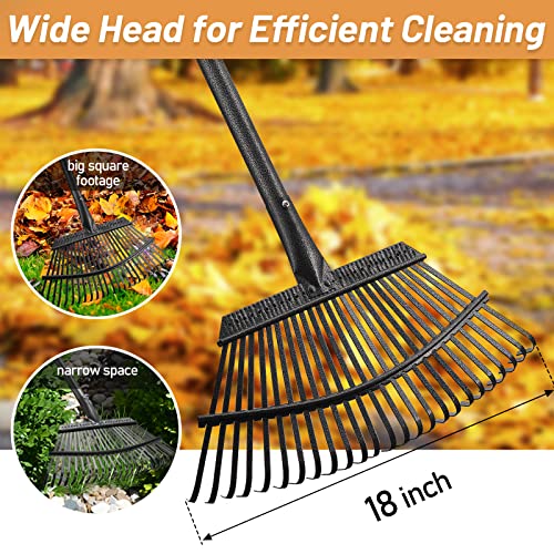 Garden Rake for Leaves, 18" Wide Head, 25 Steel Tines, Adjustable to 74 in - color: matte black, size: 25tine
