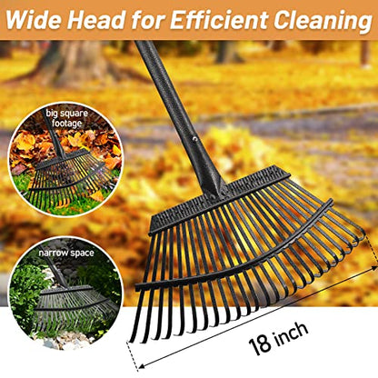 Garden Rake for Leaves, 18" Wide Head, 25 Steel Tines, Adjustable to 74 in - color: matte black, size: 25tine