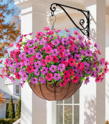 HyeFlora Artificial Faux Hanging Plants Flowers Basket for Spring Summer Outdoor Outside Decoration, Fake Silk Colorful Daisy Eucalyptus in Planter UV Resistant Realistic for Porch Patio Balcony Yard - color: Purple Pink