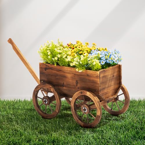 Wood Wagon Planter for Outdoor Balcony Decor - Garden Rustic Wooden Flower Cart with Wheels for Outside - Garden Decor - Amish Decorative Indoor - Wheelbarrow Planter for Patio - color: Wood Wagon Planter