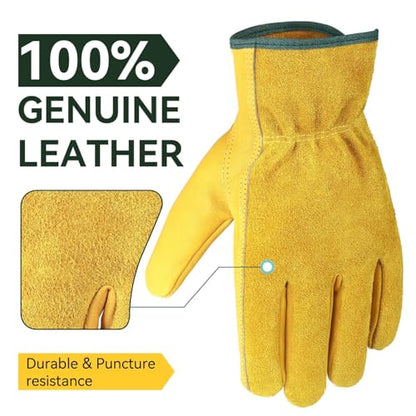 OZERO Leather Work Gloves, Gardening Gloves, Flex Grip, EN388, 1 Pair, M - color: Gold(1 Pair), size: Medium