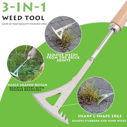 Crack Weeder, 13.4" Stainless Steel Crevice Weeding Tool with Wood Handle, L-Shaped Side-Walk Weed Puller Spatula, for Garden Lawn Yard Patio Terrace Paving Moss, Small Gardening Tool - size: 13.4" Crack Weeder