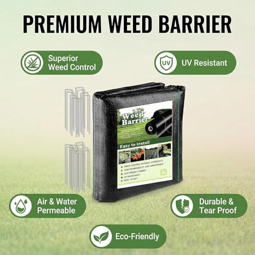 3FT x 100FT Weed Barrier Landscape Fabric (2 Pack 3x50FT) - Premium Heavy-Duty 3.2oz Gardening Weed Control Mat with 30 U-Shaped Securing Pegs - Ground Cover for Garden, Flower Bed, Yard - size: 3.2oz-2Pack 3FT x 50FT