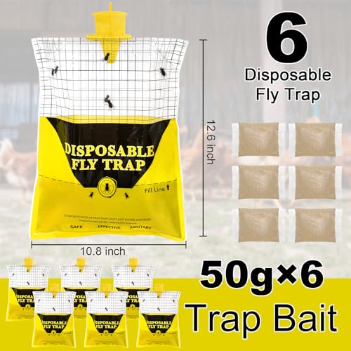 Outdoor Fly Traps for Patio - 6 Large Pre-Baited Flies Bags Disposable - size: 6 pack