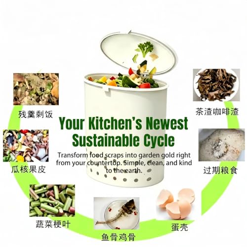 700ML Mini In-Ground Food Scrap Container with Garden Scoop, White Small Odor-Controlled Bin for Planters, Garden, Home & School, Eco-Friendly Kitchen Waste Storage
