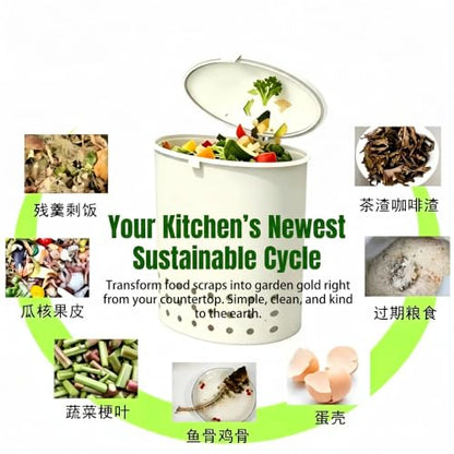 700ML Mini In-Ground Food Scrap Container with Garden Scoop, White Small Odor-Controlled Bin for Planters, Garden, Home & School, Eco-Friendly Kitchen Waste Storage