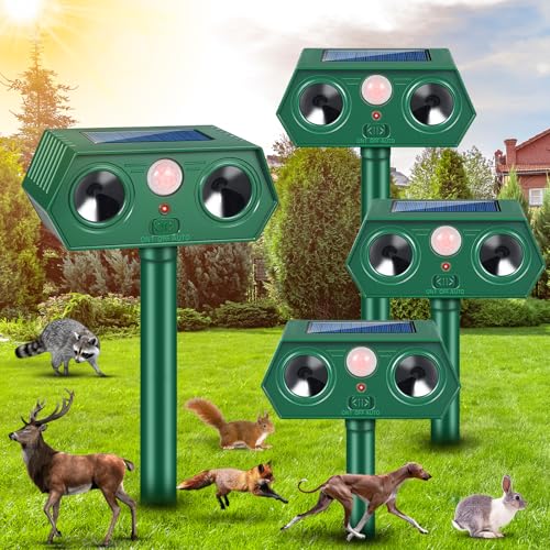 2026 Upgraded Solar Ultrasonic Animal Repellent, Sonic Deer Repeller Devices & Cat Repellent Outdoor, Motion Sensor Sound Animal Deterrent to Keep Dog Raccoon Rabbit Away from Yard,Lawn,Garden,4 Pack