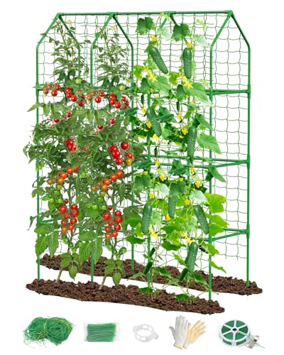 65" Cucumber Trellis for Climbing Plants Outdoor, Metal Garden Trellis for Raised Bed, Plant Support Structures with Netting for Cucumbers Tomatoes Beans Peas (50 * 17 * 65inch(L*W*H), Trellis)