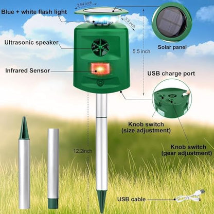 Solar Ultrasonic Squirrel Deer Repellent,Cat Repellent Outdoor,360 ° Solar Animal Repellent with Waterproof IP66 Motion Detection,Skunk Dog Raccoon Repellent Devices for Yard Garden Lawn Outdoor-Olive
