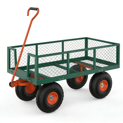Garden Cart 500lbs Capacity 3.33 Cubic Feet, Yard Wagon Cart with 180° Adjustable T-Handle, Green Orange Heavy Duty Wagon, Steel, for Garden Yard Lawn Gardening Outdoor - color: Green Orange, size: 500 lbs