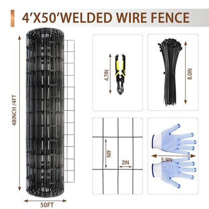 Tongmo 4 ft x 50 ft Black PVC Coated Welded Wire Fence, 16GA Garden Chicken Wire Fence Roll, Mesh Size 2" x 4" Hardware Cloth, Ideal for Yard Protection and Poultry Netting - color: Black, size: 4ft*50ft
