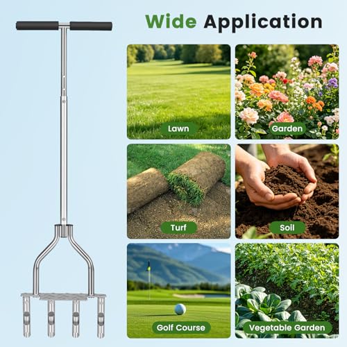 Manual Lawn Core Aerator with 4 Hollow Tines, Plug Aerator Tool