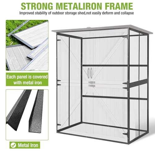 GUTINNEEN Outdoor Storage Shed with Metal Frame,Wooden Tool Cabinet with Adjustable Shelfs, House Garden Shed for Backyard Garden Patio Lawn - size: 55"W White