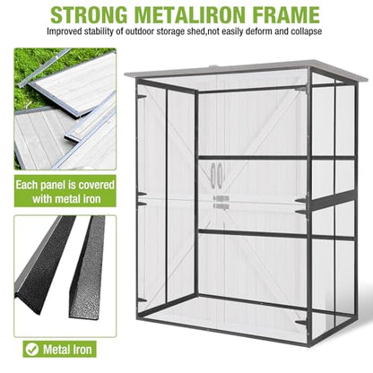 GUTINNEEN Outdoor Storage Shed with Metal Frame,Wooden Tool Cabinet with Adjustable Shelfs, House Garden Shed for Backyard Garden Patio Lawn - size: 55"W White