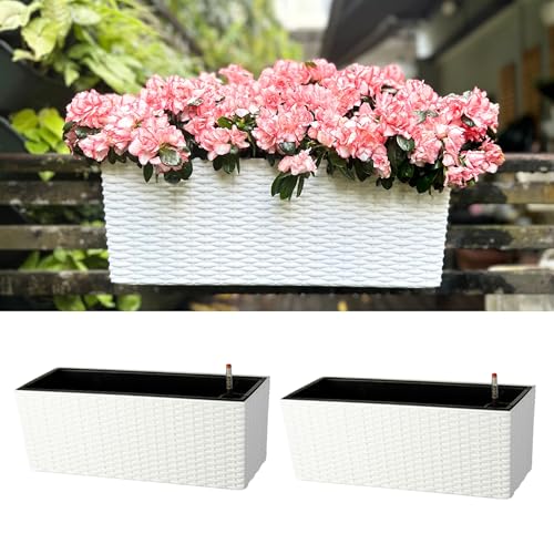 LaLaGreen Outdoor Rail Planter for Balcony (20 Inch, 2 Pack) Large White Self Watering Railing Planters with Brackets, Rectangular Plastic Fence Modern Window Boxes Designer Choice with Rattan Pattern - color: White X 2