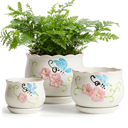 Ceramic Plant Pots with Drainage Holes and Saucers, Small Planters Set of 3 - color: White02