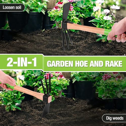 WORKPRO Hoe and Cultivator Garden Rake with 14" Wooden Handle