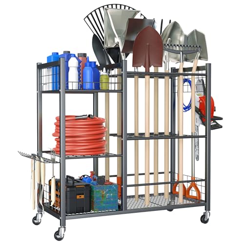 TORACK Garden Tool Stand with Wheels, Rakes Shovels Holder Yard Tools Organizer for Garage, Garden, Shed Indoor/Outdoor Long-Handled Tools Cart(Tool stand with side shelves) - style: Tool stand with side shelves