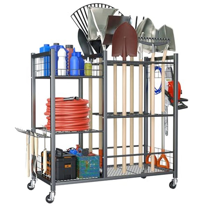 TORACK Garden Tool Stand with Wheels, Rakes Shovels Holder Yard Tools Organizer for Garage, Garden, Shed Indoor/Outdoor Long-Handled Tools Cart(Tool stand with side shelves) - style: Tool stand with side shelves