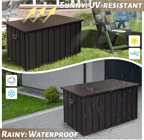190 Gallon Outdoor Storage Shed, Lockable Metal Deck Box with Rolling - color: Dark Brown-A