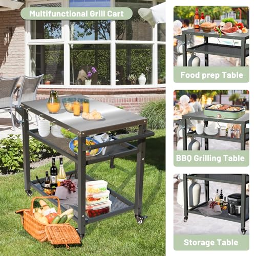 Domi 3-Shelf Outdoor Grill Table, Grill Cart with Wheels, Outdoor Pizza Oven and Food Prep Table, Blackstone with Stainless Steel Tabletop, BBQ Stand for Blackstone Griddle for Outside BBQ - style: Stainless Steel Tabletop+Mesh Shelf