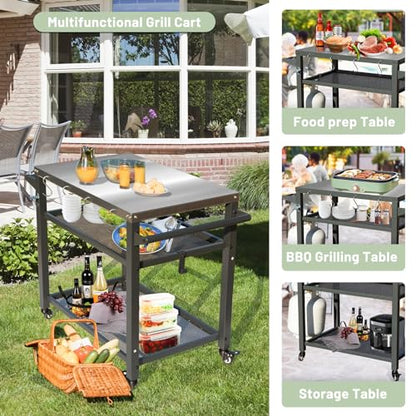 Domi 3-Shelf Outdoor Grill Table, Grill Cart with Wheels, Outdoor Pizza Oven and Food Prep Table, Blackstone with Stainless Steel Tabletop, BBQ Stand for Blackstone Griddle for Outside BBQ - style: Stainless Steel Tabletop+Mesh Shelf
