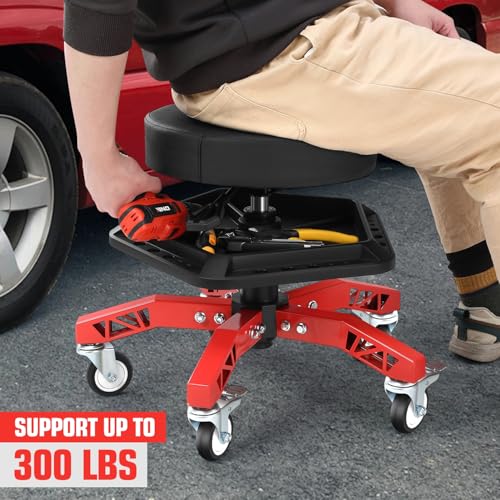 DNA Motoring Rolling Shop Stool, Adjustable Height Padded Rolling Seat, Pneumatic Roller Mechanic Stool for Garages, w/Tool Storage Tray, 300lbs Capacity, TOOLS-00636-BK-RD - style: Red Tray Model