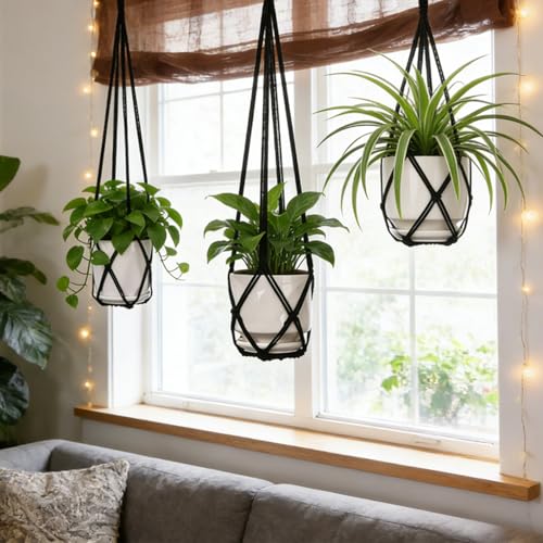 YIBOT Black Macrame Plant Hanger Indoor Hanging Planter Basket - color: Black, size: 35+29+23Inch
