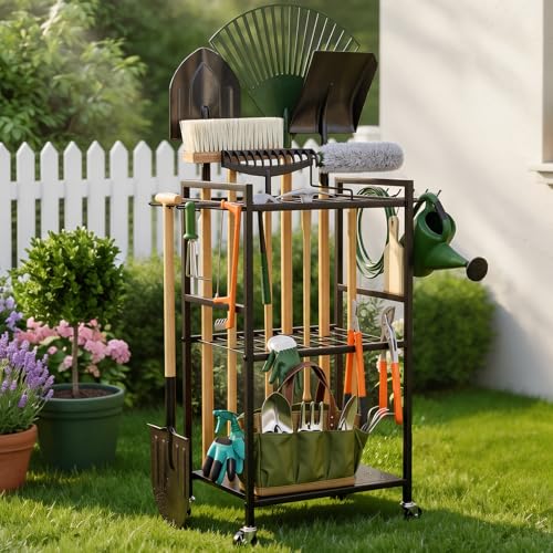 SPACECARE Garden Tool Organizer with Wheels, Up to 35 Long-Handled Tools - style: RACK-with Wheels