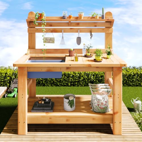 Jocisland Outdoor Solid Wood Potting Bench with Large Tabletop, Sink&Shelf