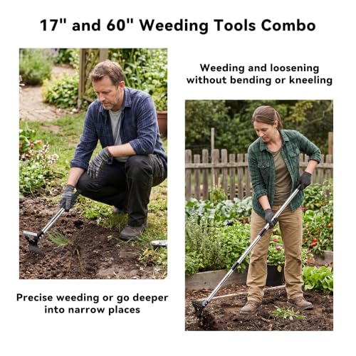 Weed Puller Tool with Long Handle - 60" Stand Up Weed Remover Tool, Upgraded 11-Tine 2 in 1 Manual Weed Rake and Garden Hoe, Heavy Duty Manganese Steel Uprooting Tool for Yard, Lawn, Patio