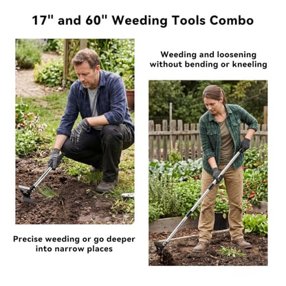 Weed Puller Tool with Long Handle - 60" Stand Up Weed Remover Tool, Upgraded 11-Tine 2 in 1 Manual Weed Rake and Garden Hoe, Heavy Duty Manganese Steel Uprooting Tool for Yard, Lawn, Patio