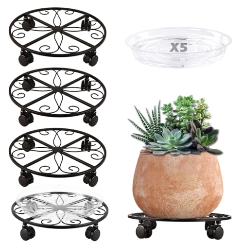 5 Pack Plant Caddy with Wheels Heavy Duty 12 Inches Metal Plant Stand on Wheels Plant dolly Rolling Plant Stand Plant Roller with Casters for Indoor and Outdoor with 5 Pack Plant Saucers, Black - color: black, size: 11.8''