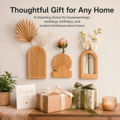 TBWIND Wooden Wall Vases Set of 3, Wall Planters with Glass Tube Kit - color: Natural