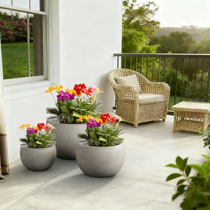 Kante Set of 3 Weathered Concrete Bowl Planters 20" 15.7" 11.8" Dia - color: Weathered Concrete, size: 19.9"D + 15.7"D + 11.8"D